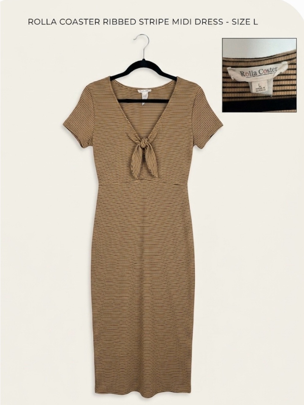 Rolla Coster Tan and Black Striped Midi Dress with Front Tie